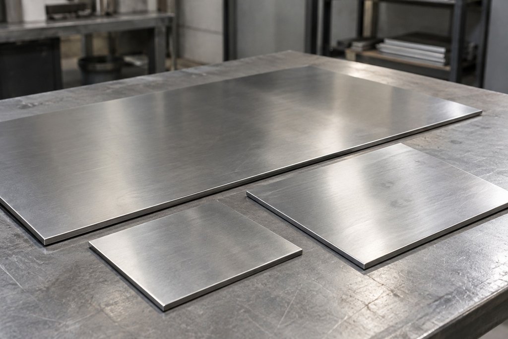 Chapas de aço inox cortadas sob medida em diferentes dimensões sobre uma bancada