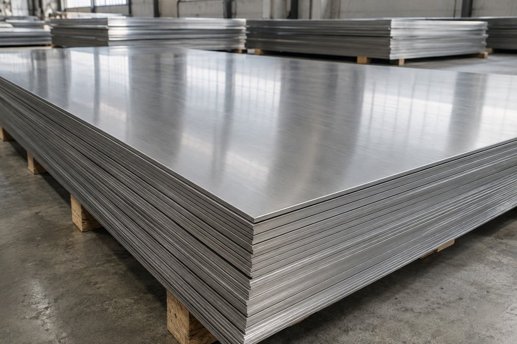 Pilha de chapas lisas de aço inox em um ambiente industrial