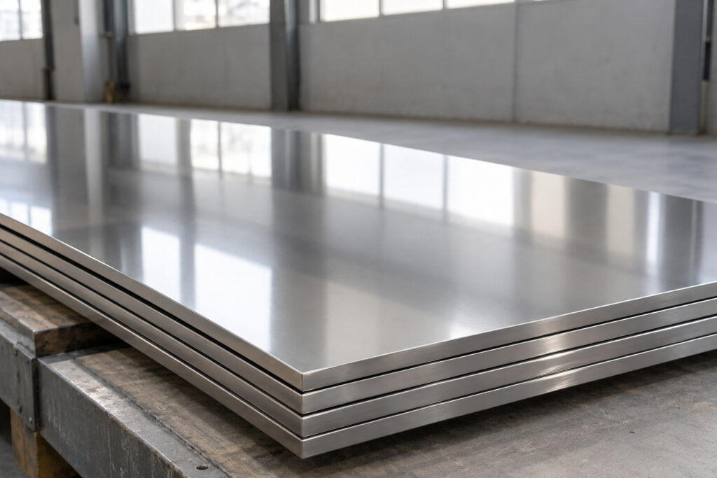 Chapas de aço inox polidas empilhadas com superfície brilhante e reflexiva